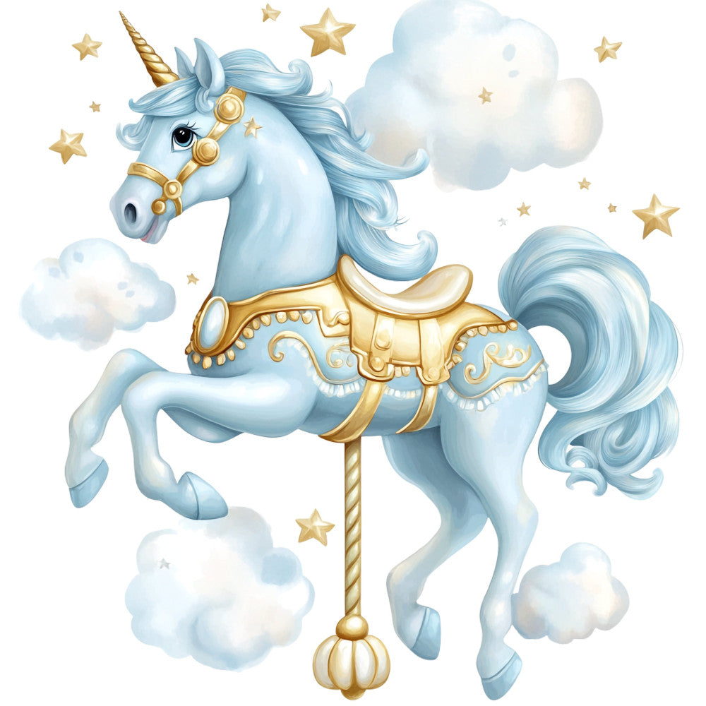 light blue, pale blue, soft blue, gold, cream, white, celestial, stars, clouds, whimsical, magical, carousel, unicorn, fantasy, dreamy, elegant, nursery, baby, children's, girl's, enchanted, fairytale, pastel, soft colors, decorative saddle, ornate, delicate, sweet