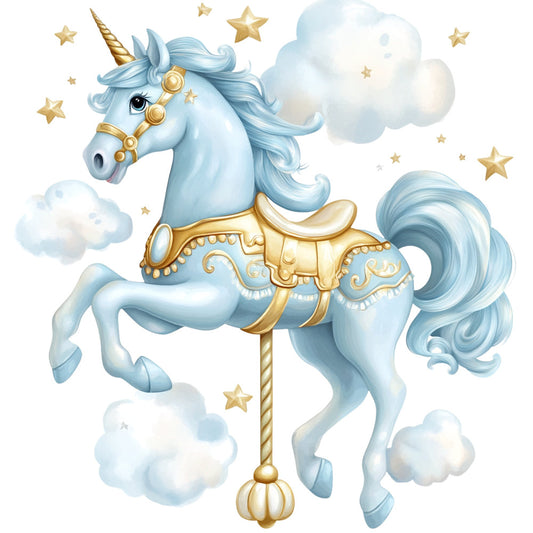 light blue, pale blue, soft blue, gold, cream, white, celestial, stars, clouds, whimsical, magical, carousel, unicorn, fantasy, dreamy, elegant, nursery, baby, children's, girl's, enchanted, fairytale, pastel, soft colors, decorative saddle, ornate, delicate, sweet