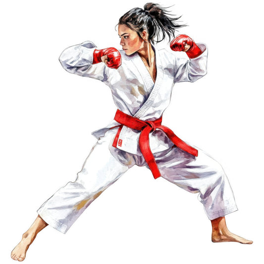 karate, martial arts, sports, action, red belt, white gi, boxing gloves, fighter, athlete, dynamic pose, strength, power, discipline, training, combat sports, asian martial arts, red and white, bold, energetic, active wear, strong woman, empowerment, fitness, warrior, striking pose, contemporary, illustrative, watercolor style, detailed artwork, character design