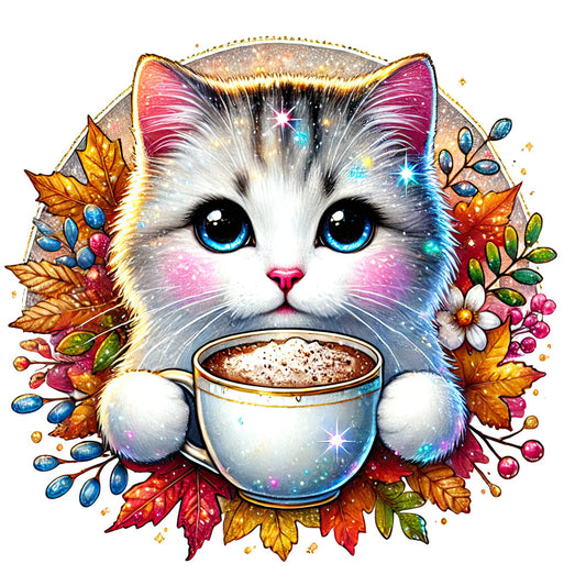 whimsical cat, blue eyes, autumn leaves, fall colors, celestial, sparkle, magical, fantasy, cozy, hot chocolate, coffee cup, white cat, pink nose, gold accents, colorful leaves, berries, flowers, daisy, magical realism, enchanted, cosmic, starry, warm tones, burnt orange, deep red, golden yellow, whimsy, animal lover, nature inspired, seasonal