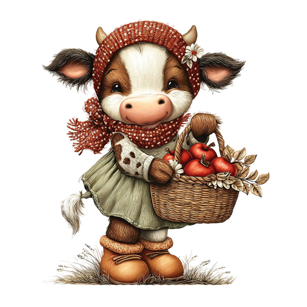 cream, rust red, brown, terracotta, tan, white, cow, cattle, farmhouse, rustic, whimsical, autumn, fall, harvest, basket, apples, tomatoes, nuts, countryside, pastoral, folk art, traditional, cozy, charming, adorable, seasonal, cottage style, farm animal, produce, country living
