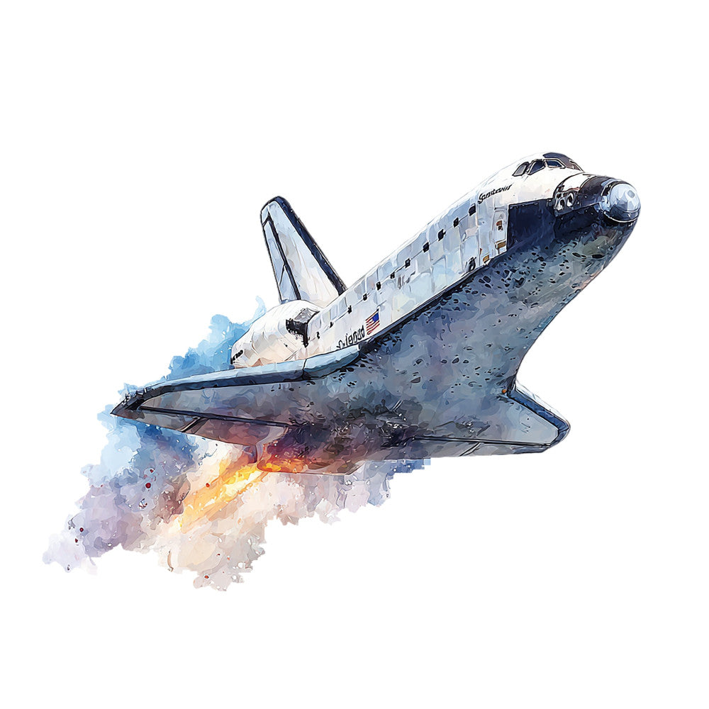space shuttle, nasa, astronaut, aerospace, watercolor, abstract, blue, white, navy blue, orange, yellow, gold, vintage, retro, science, technology, transportation, aircraft, space exploration, stem, educational, masculine, modern, patriotic, american flag, aviation, celestial, splash effect, painted, artistic