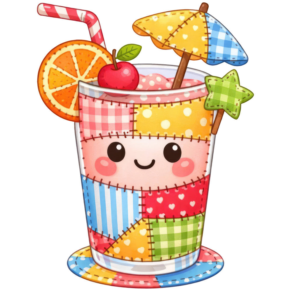 whimsical, cute, smiling drink, colorful, patchwork, red, blue, yellow, green, orange, coral pink, plaid, gingham, striped, polka dots, hearts, fruit, orange slice, apple, star, summer, spring, playful, children, kid-friendly, novelty, cottage core, folk art, folk style, multi-pattern