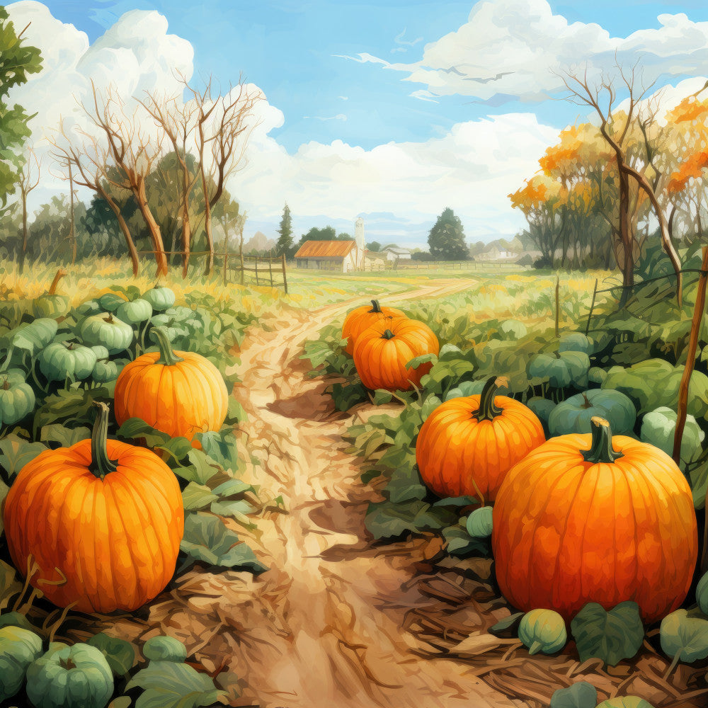 pumpkin orange, burnt orange, golden yellow, sage green, sky blue, cream, rust brown, autumn, fall, harvest, pumpkin patch, farmhouse, rural landscape, countryside, barn, rustic, farm scene, agricultural, scenic, pastoral, nature, seasonal, orange pumpkins, green squash, dirt road, trees, clouds, cottage core, traditional, folk art