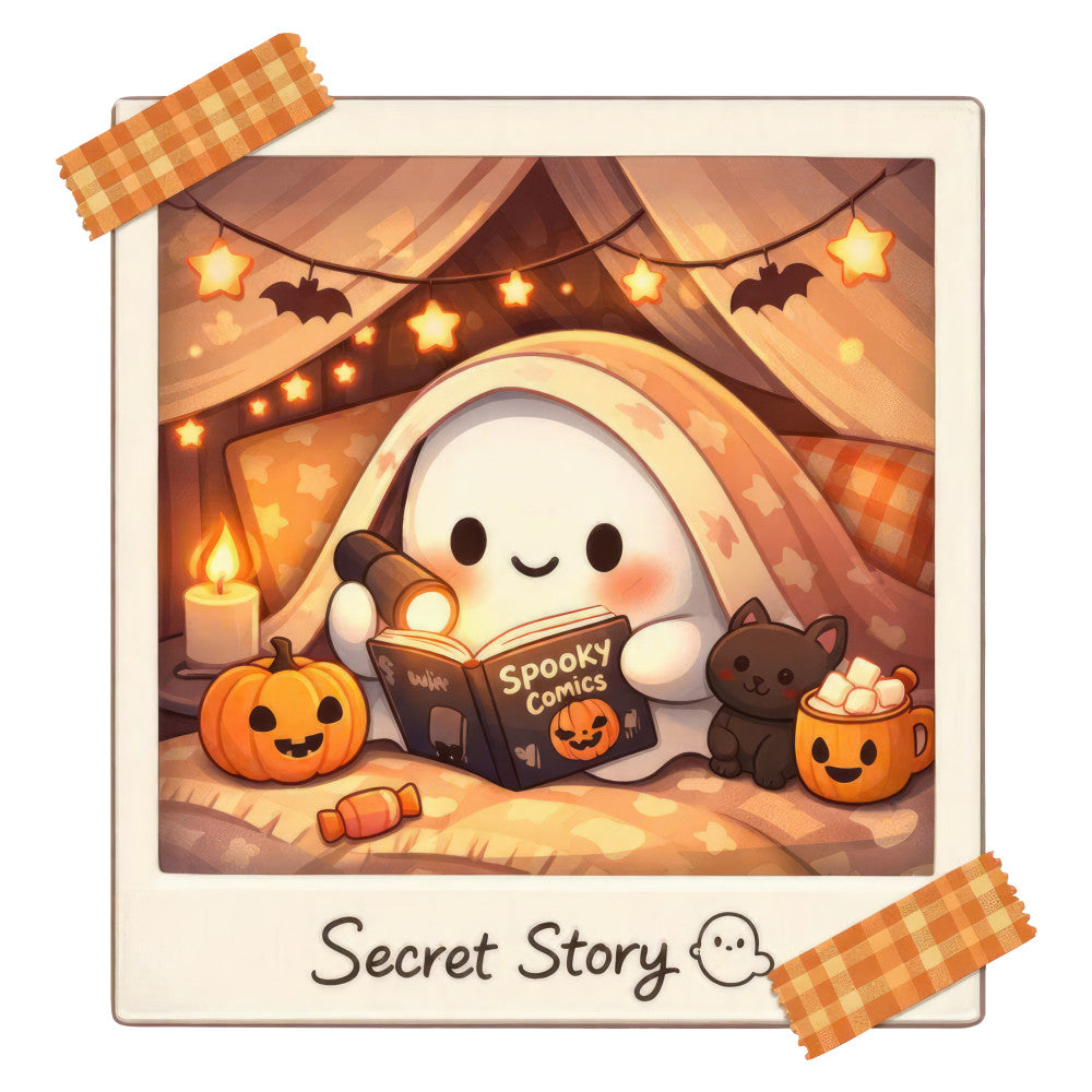 autumn, halloween, spooky, ghost, pumpkin, black cat, candy corn, stars, bats, cozy, warm orange, cream, warm brown, burnt orange, whimsical, cute, kawaii, folk art, rustic, reading, candles, marshmallows, plaid, checkered, vintage, nostalgic, fall theme, children's, baby, wall hanging