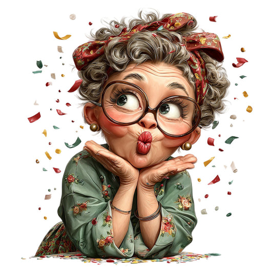 whimsical, vintage, retro, grandma character, grey hair, glasses, floral print, sage green, forest green, coral pink, red accents, gold accents, roses, botanical, playful, humorous, novelty, character panel, spring, summer, traditional, folk art, cottage core, quirky, fun, celebratory, confetti, joyful, festive