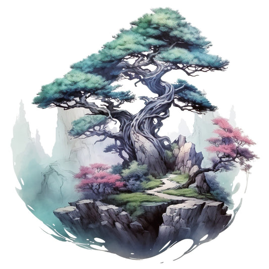 watercolor style, bonsai tree, circular panel, teal green, sage green, pink blossoms, purple trunk, misty background, rocky landscape, asian inspired, serene mood, twisted branches, mountain scenery, cotton fabric, quilting panel, nature scene, botanical design, zen garden, peaceful atmosphere, fabric art