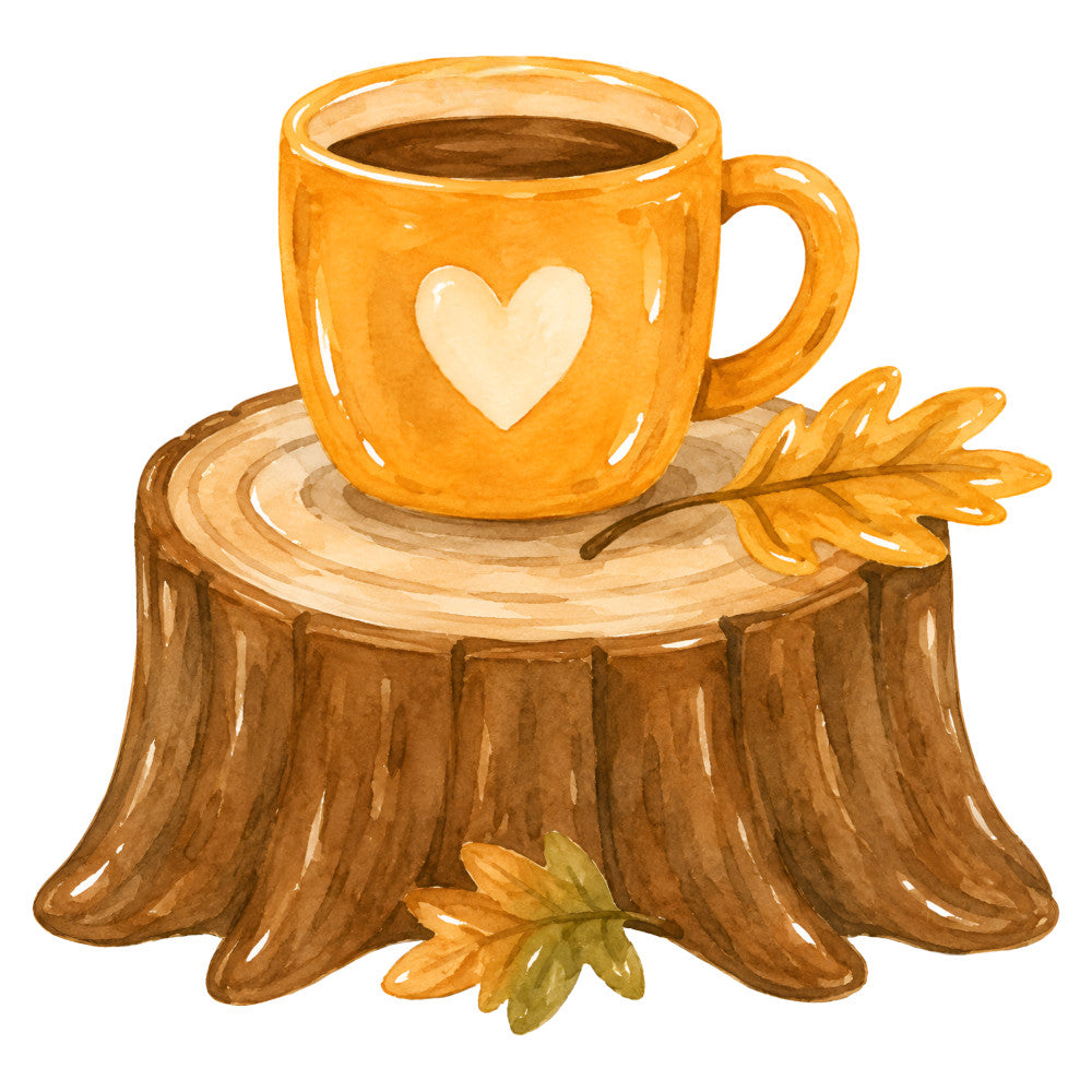 autumn, fall, cozy, warm, rustic, farmhouse, nature, woodland, tree stump, coffee, hot beverage, heart, love, golden yellow, burnt orange, brown, cream, seasonal, thanksgiving, harvest, whimsical, cottage core, hygge, comfort, warm drink, leaves, natural, earth tones, decorative panel