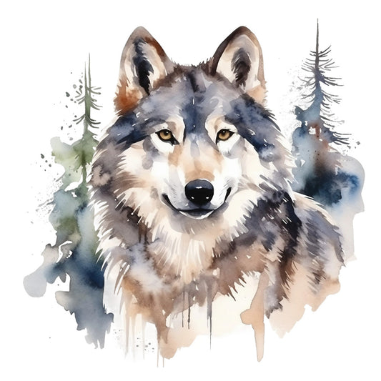 wolf, gray, brown, beige, watercolor, forest, evergreen trees, wildlife, nature, fabric panel, quilting cotton, wilderness, pine trees, animal portrait, artistic, soft colors, muted tones, realistic wolf, outdoor theme, rustic