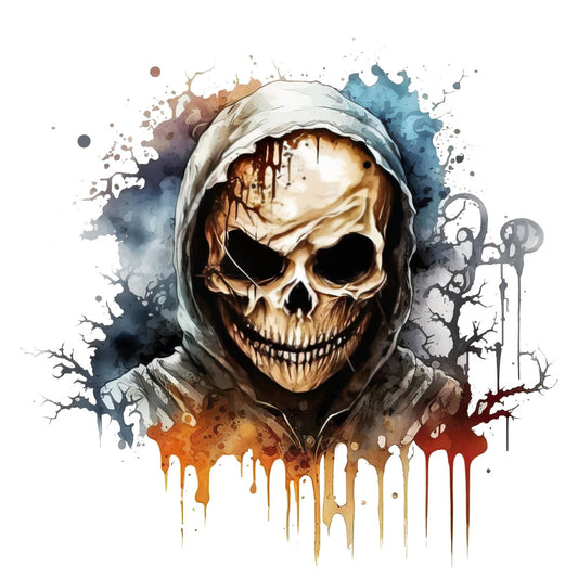 skull, grim reaper, gothic, dark art, watercolor, abstract, splatter, hooded figure, skeleton, bone, death, spooky, halloween, horror, dark teal, burnt orange, cream, tan, brown, midnight blue, moody, edgy, contemporary, dramatic, grunge, artistic, paint drips, ink splatter, monochromatic with color accents, steampunk