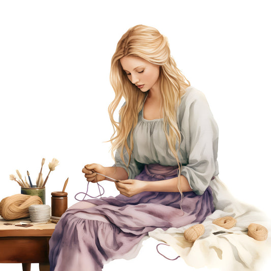 crafting, creative woman, artisan, handmade, lavender, cream, golden blonde, soft pastels, muted tones, vintage aesthetic, traditional, elegant, rustic, bohemian, cottage core, folk art, needlework, fiber arts, yarn, thread, basketweave, natural materials, earth tones, mauve, beige, taupe, artistic, hobby, domestic arts, heritage crafts