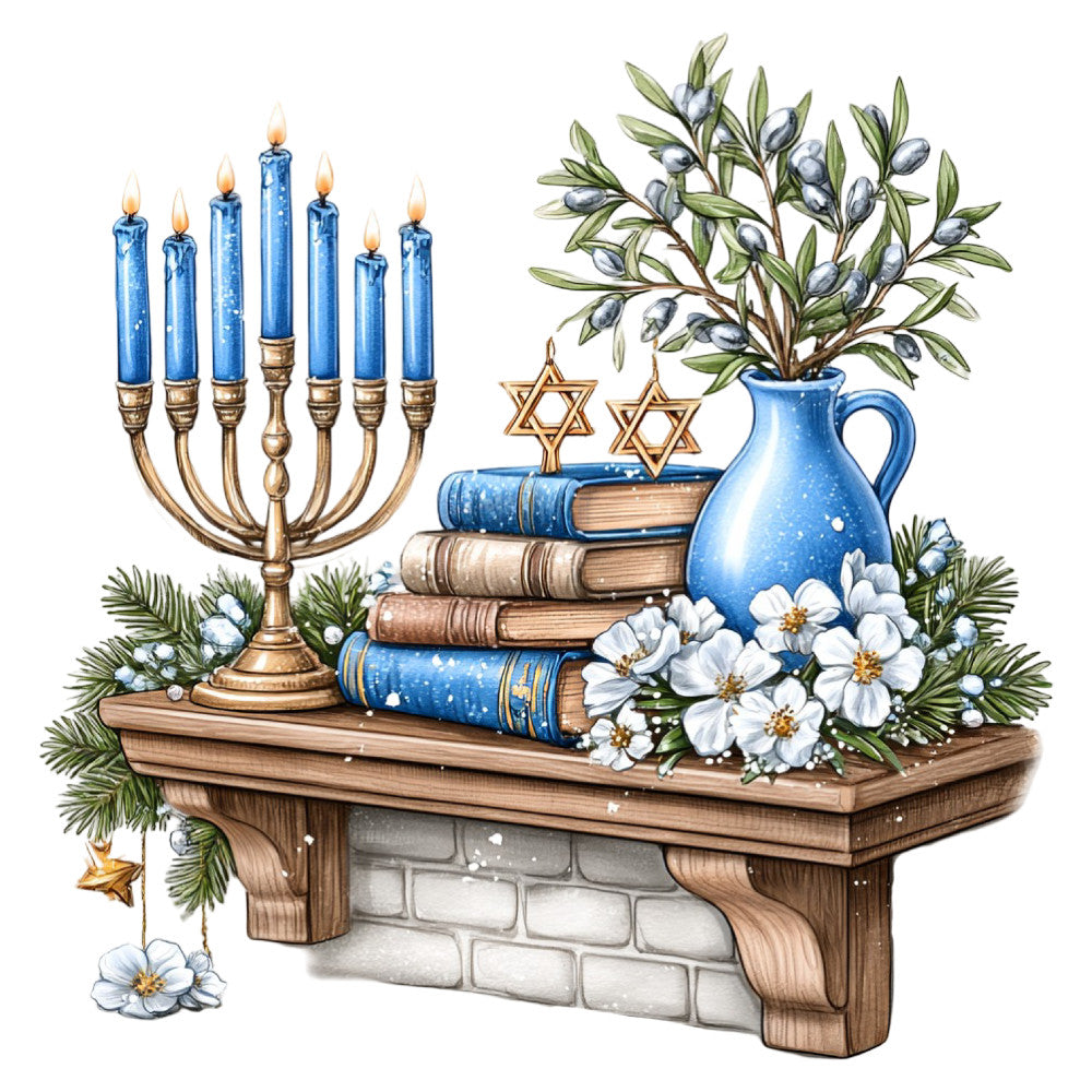 blue candle, menorah, hanukkah, jewish holiday, star of david, olive branch, religious, traditional, elegant, white flowers, gold accents, books, brass candlestick, ceramic pitcher, evergreen, winter, spiritual, cultural, home decor, table runner, wall hanging, periwinkle blue, cream white, sage green, rustic, vintage, floral design, nature inspired, holiday celebration, decorative panel