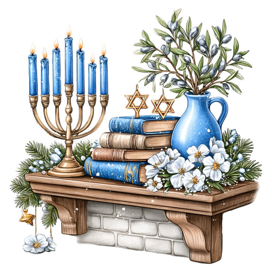 blue candle, menorah, hanukkah, jewish holiday, star of david, olive branch, religious, traditional, elegant, white flowers, gold accents, books, brass candlestick, ceramic pitcher, evergreen, winter, spiritual, cultural, home decor, table runner, wall hanging, periwinkle blue, cream white, sage green, rustic, vintage, floral design, nature inspired, holiday celebration, decorative panel