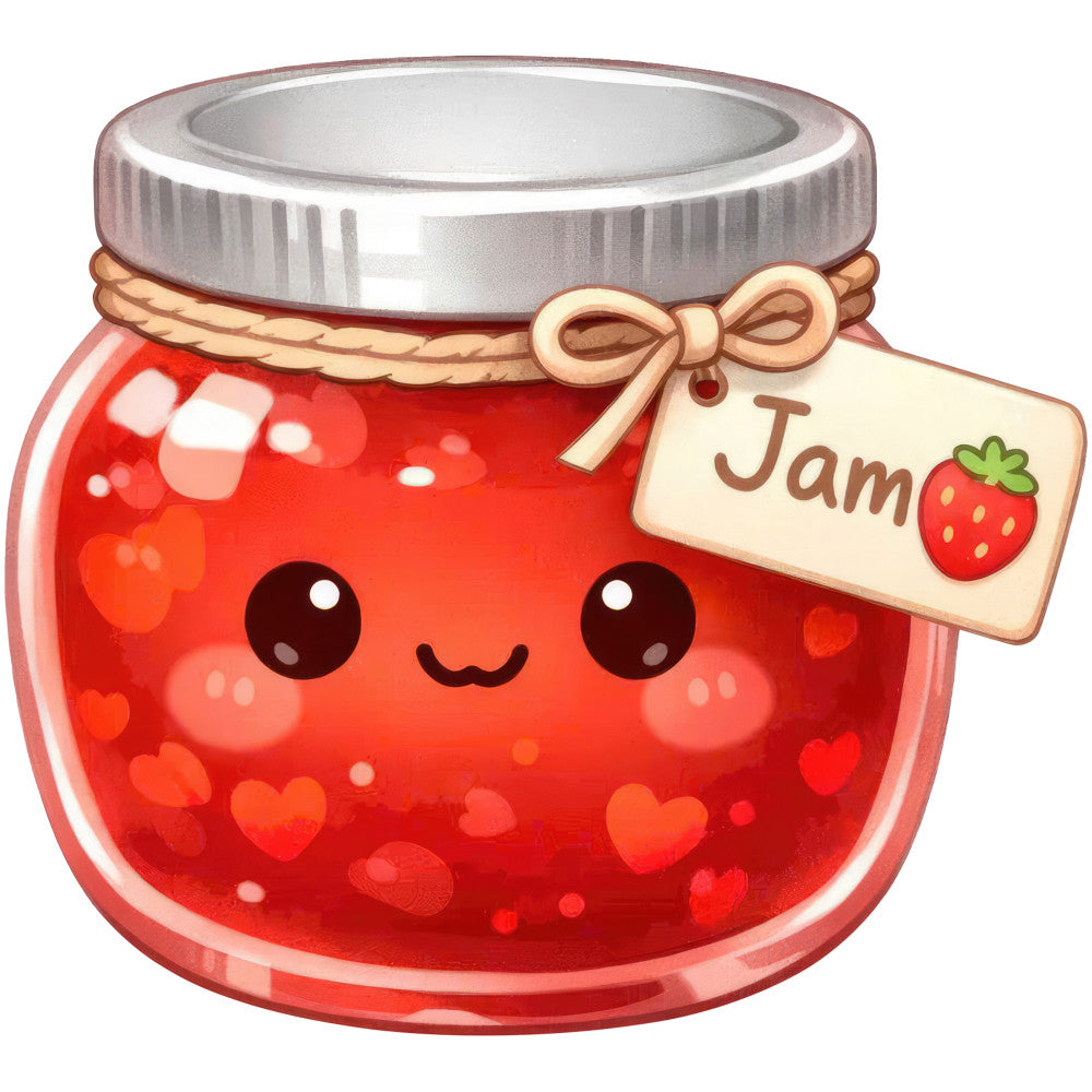 red, bright red, cute, whimsical, strawberry, jam jar, hearts, food, kitchen, farmhouse, children's, playful, smiling face, kawaii, novelty, crafts, home decor, retro, sweet, berry theme, country, rustic charm, summer, cottage core, illustration style, character design, decorative, conversation print