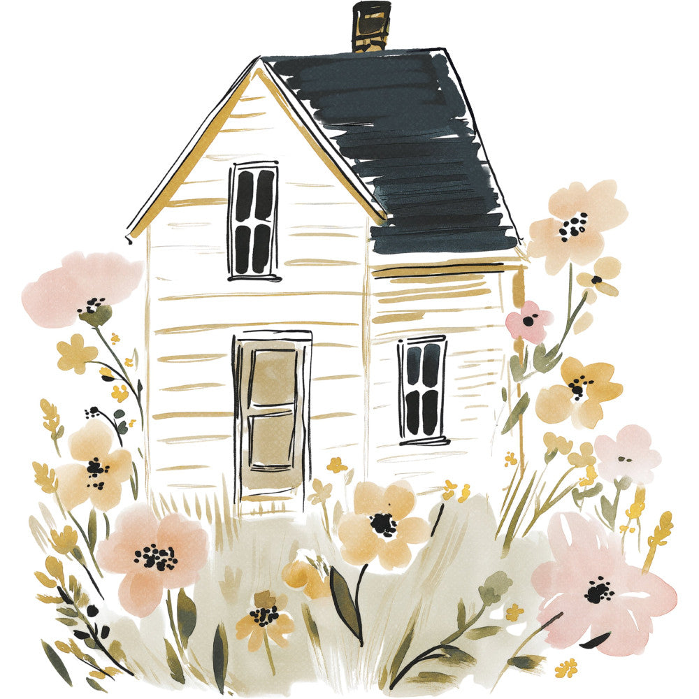 cottage core, farmhouse, floral, wildflower, botanical, spring, whimsical, rustic, vintage, nature, garden, cottage, house illustration, architectural, cream, ivory, white, gold, tan, dusty rose, blush pink, sage green, navy, black, delicate flowers, country, pastoral, home sweet home, wall hanging, quilt panel