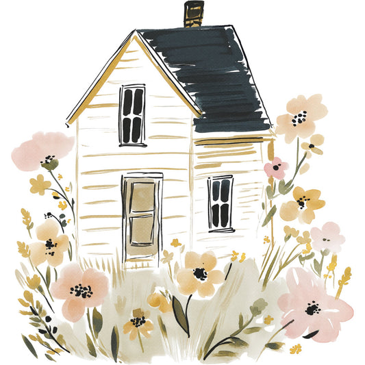 cottage core, farmhouse, floral, wildflower, botanical, spring, whimsical, rustic, vintage, nature, garden, cottage, house illustration, architectural, cream, ivory, white, gold, tan, dusty rose, blush pink, sage green, navy, black, delicate flowers, country, pastoral, home sweet home, wall hanging, quilt panel