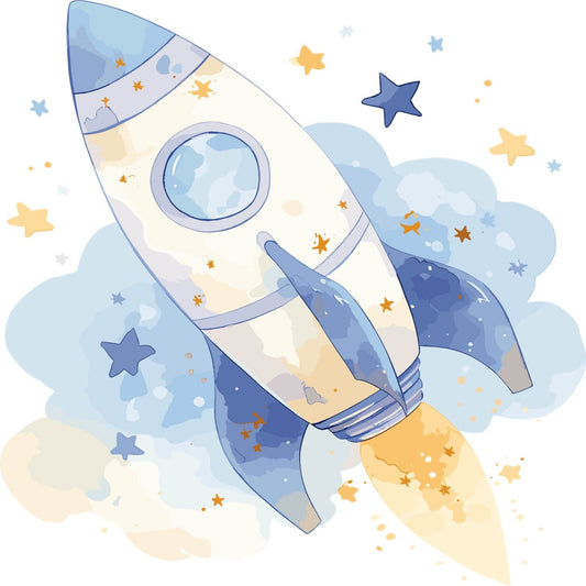 navy blue, cream, soft yellow, gold, light blue, pale blue, stars, rocket, space, celestial, whimsical, nursery, baby boy, children's, clouds, outer space, adventure, exploration, dreamy, pastel, soft colors, night sky, cosmic, playful, boy's room, baby quilt, wall hanging, starry, spaceship, moon
