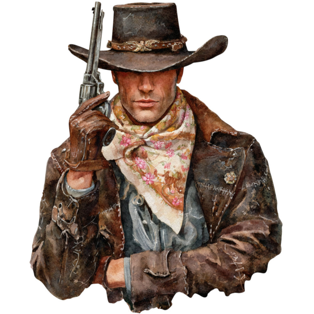cowboy, western, vintage, rustic, floral, brown, tan, cream, rose pink, gold, distressed, textured, masculine, outlaw, gunslinger, bandana, hat, leather, wild west, frontier, retro, portrait, novelty, large scale, statement fabric, boots, revolver, weathered, traditional