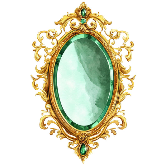 emerald green, gold, ornate frame, baroque, vintage mirror, elegant, ornamental, decorative, jewel tone, luxury, ornate border, scrollwork, filigree, traditional, sophisticated, antique, gemstone, mirror panel, statement piece, home decor, wall art, botanical inspired, jeweled accents, regal, classic, timeless, victorian, opulent