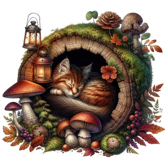 forest green, rust brown, burnt orange, cream, deep brown, burgundy, mushroom, woodland, animals, cat, forest, nature, autumn, fall, whimsical, fairy tale, fantasy, rustic, enchanted, cozy, cottagecore, mushrooms, moss, toadstools, leaves, ferns, berries, lantern, woodland creatures, storybook