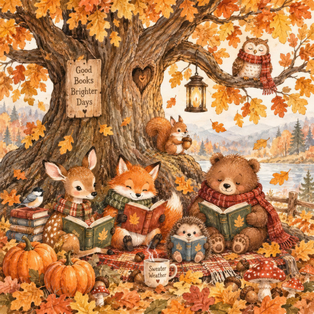 autumn, fall, forest green, burnt orange, golden yellow, rust, cream, warm tones, animals, woodland creatures, forest animals, deer, fox, bear, hedgehog, squirrel, owl, nature, books, reading, cozy, whimsical, rustic, sweater weather, pumpkins, autumn leaves, oak tree, lantern, heart motif, plaid