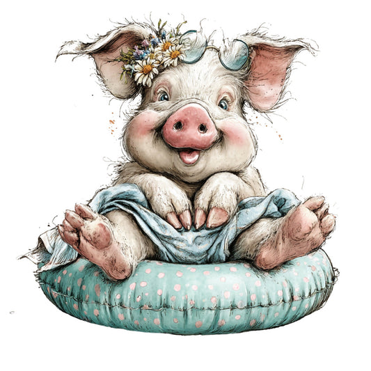 whimsical pig, farm animals, cute pig, daisy flowers, floral crown, pastel blue, dusty rose, cream white, spring, baby nursery, children's fabric, farmhouse style, country theme, polka dots, sweet animals, playful, cheerful, nature inspired, botanical, vintage style, gentle colors, soft palette, baby quilt, wall hanging, decorative panel, folk art, rustic charm, garden theme