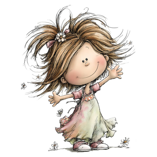whimsical girl, brown hair, daisy flower, flower crown, cute character, children's illustration, playful, cheerful, cream, pale green, dusty rose, mauve, earth tones, nature-inspired, botanical, springtime, child-friendly, storybook style, vintage illustration, folk art, whimsy, daisies, floral accent, girl character, happy expression, decorative panel, children's apparel, baby nursery, storybook quilt, illustrated character