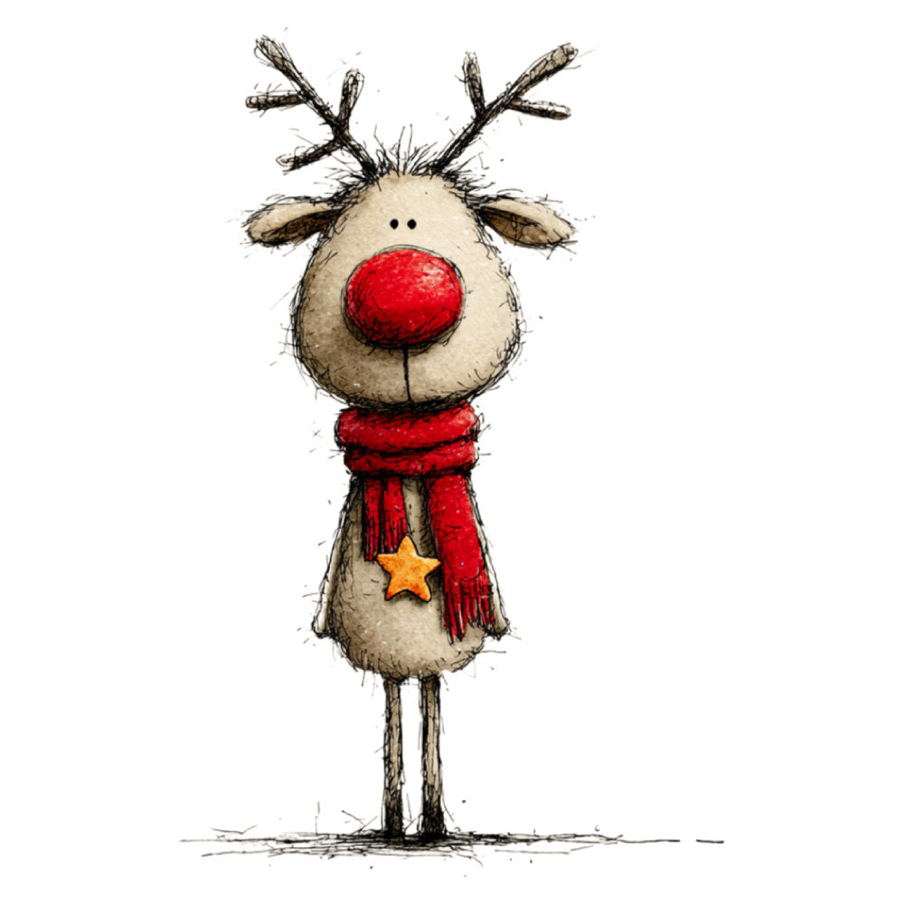christmas reindeer, rudolph, holiday, festive, red nose, cream, beige, tan, red, gold star, winter, whimsical, cute animals, children's, playful, rustic, hand-drawn, sketch style, scarf, antlers, seasonal, christmas decor, baby, kids fabric, folk art, charming, jolly, north pole