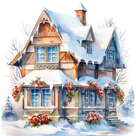 Watercolor Winter Houses Fabric Panel 28