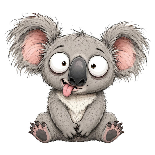 gray, white, pink, charcoal, soft gray, dusty rose, pale pink, whimsical, cute, playful, animal, koala, cartoon, children's, kids, baby, friendly face, expressive eyes, tongue out, silly, fun, cheerful, modern, illustration, novelty, juvenile, nursery, baby quilt, wall hanging, playroom