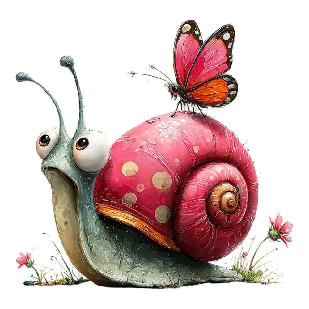 hot pink snail, coral orange, sage green, cream, whimsical, butterfly, nature, garden, animals, insects, spring, summer, children's, playful, fantasy, magical, storybook, illustration art, decorative panel, wall hanging, nursery, kids fabric, novelty print, colorful, bright, enchanted garden, flower motif, nature lover, garden theme, artistic illustration