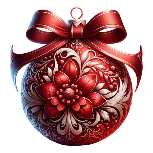 christmas ornament, red ribbon, metallic bow, floral pattern, decorative swirls, burgundy, crimson, white accents, ornate design, holiday bauble, fabric panel, quilting cotton, festive motif, botanical elements, elegant flourishes, christmas decoration, seasonal fabric, ornamental art, digital print