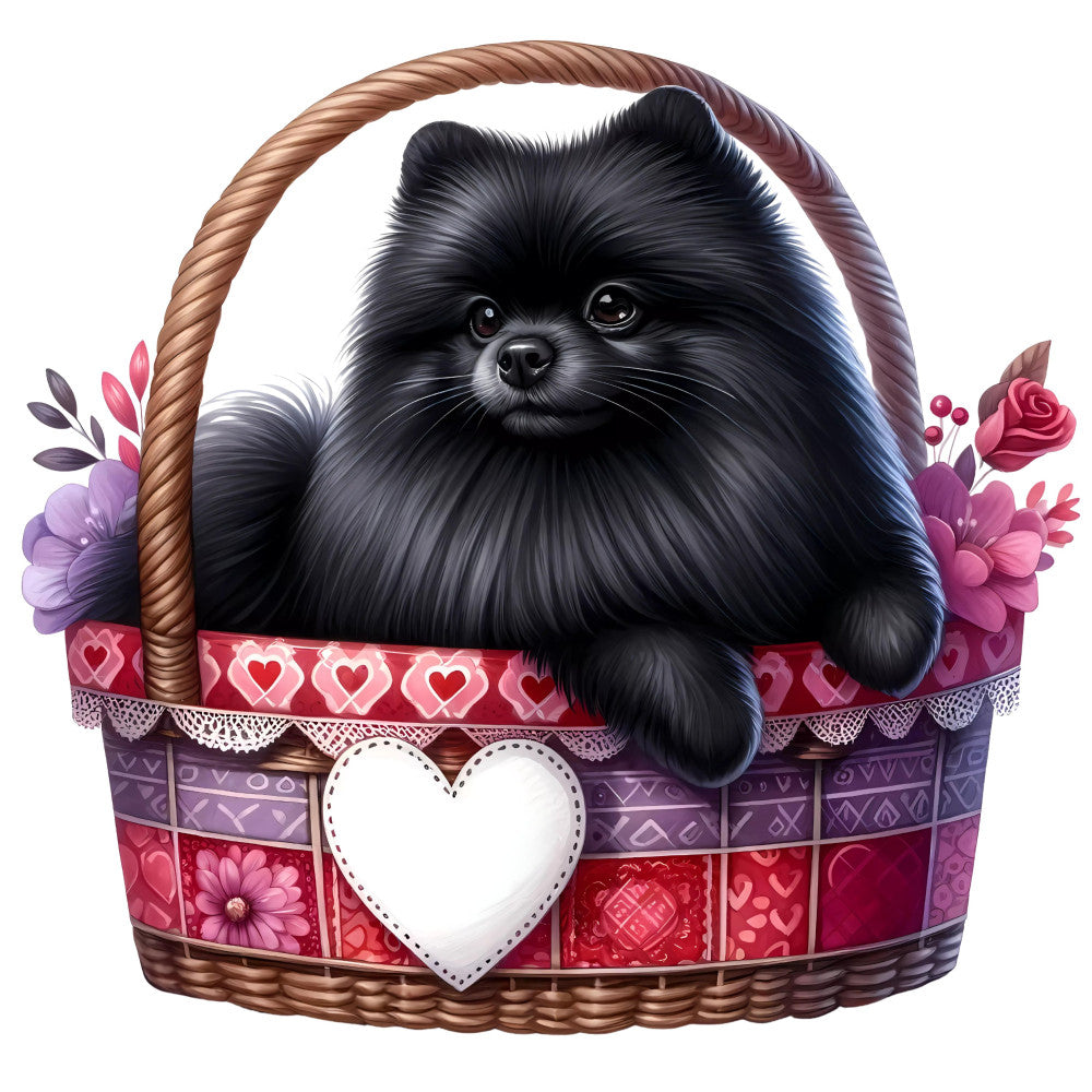 black pomeranian, fluffy dog, cute puppy, heart motif, dusty rose, mauve purple, burgundy red, cream white, floral design, pink flowers, romantic theme, love themed, valentine's day, whimsical style, decorative basket, lace trim, woven basket, animal lover, pet themed, feminine design, cottage core, sweet aesthetic, gift worthy, nursery decor, baby quilt, wall hanging, decorative panel, spring flowers, romance, tender moments