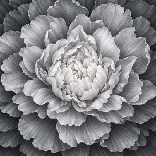 black and white, grayscale, monochrome, peony, floral, flower, botanical, nature, elegant, romantic, sophisticated, traditional, classic, vintage, garden, detailed, layered petals, blooming flower, statement print, large scale, centerpiece, wall hanging, home decor, timeless, artistic, drawing style, sketch, botanical illustration, cottage core, farmhouse elegant