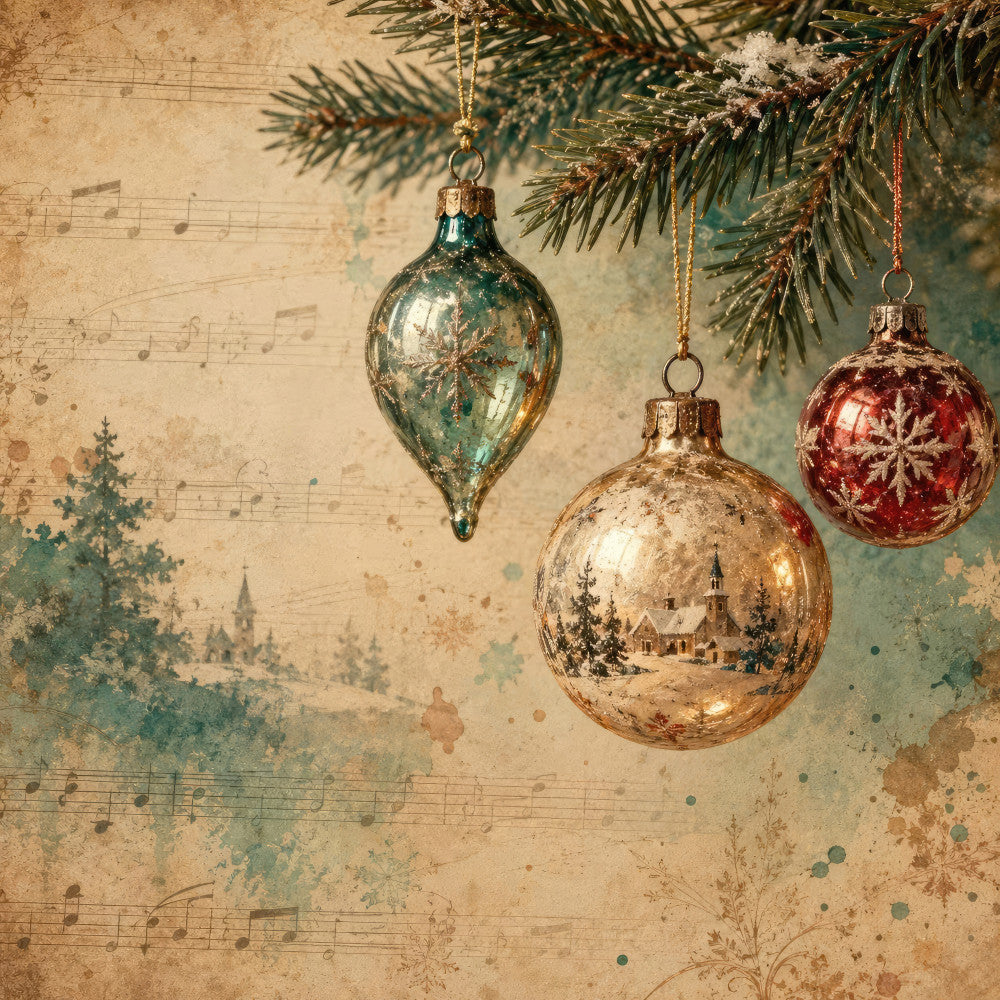 vintage christmas, evergreen, ornaments, holiday, nostalgic, teal, gold, burgundy, cream, beige, musical notes, sheet music, winter scene, snowy landscape, rustic, elegant, antique, distressed, victorian, traditional, festive, celestial, churches, forest, snowflakes, retro, aged, weathered, classic christmas