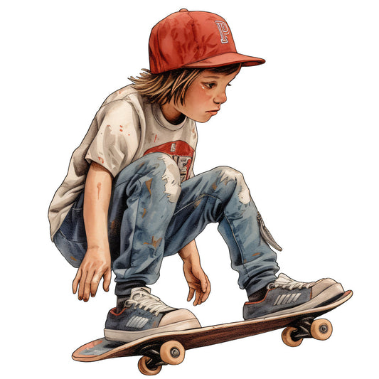 skateboard, boy, child, youth, red cap, baseball cap, denim jeans, distressed, casual wear, street style, urban, sports, action, dynamic pose, illustrated, artistic, watercolor, whimsical, playful, adventure, outdoor, contemporary, modern, blue jeans, cream shirt, vintage inspired, sporty, kids clothing, youth culture