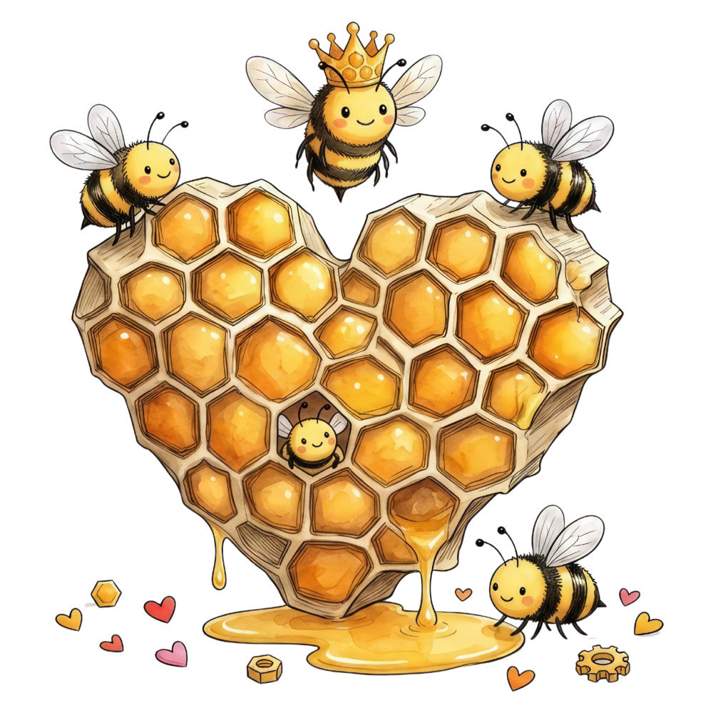 honey gold, golden yellow, cream, warm yellow, bees, honeycomb, queen bee, crown, hearts, whimsical, cute, nature, insects, spring, summer, children, baby, animal, playful, cheerful, bright, honey drip, love, sweet theme, nursery, decorative panel, wall hanging, kawaii style, nature lover, bee keeper
