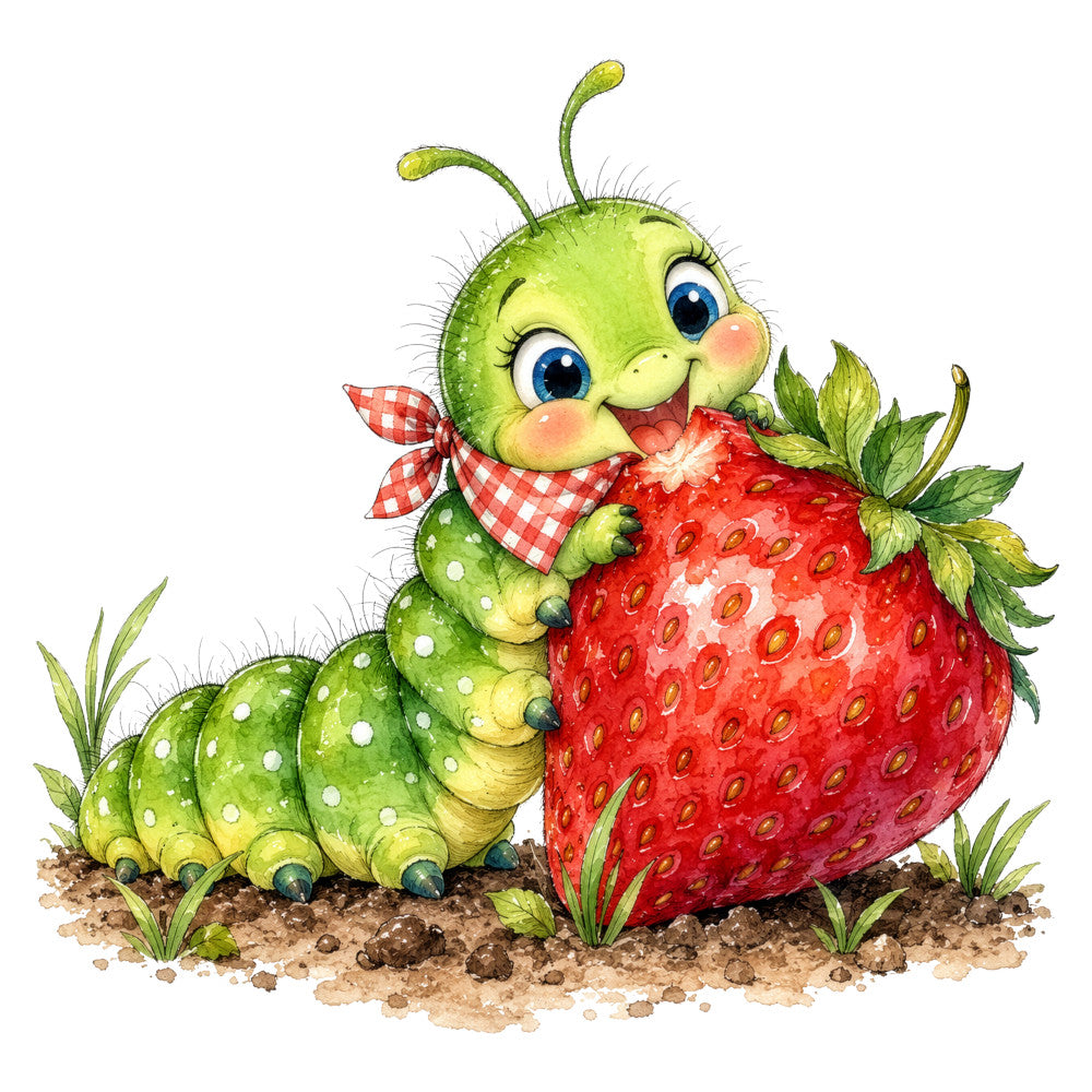 lime green, red, yellow-green, white polka dots, red checkered bow, cute, whimsical, children's, caterpillar, strawberry, garden, nature, spring, summer, animals, insects, playful, cheerful, bright, vibrant, novelty, storybook, charming, kid-friendly, illustrated, garden creatures, fruit, adorable, woodland