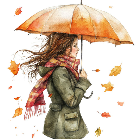 autumn, fall, woman, girl, nature, seasonal, leaves, maple leaves, oak leaves, orange, golden yellow, rust, olive green, sage green, burgundy red, plaid scarf, whimsical, illustration, watercolor, vintage, elegant, cozy, jacket, umbrella, falling leaves, nostalgic, literary, rainy day, thanksgiving