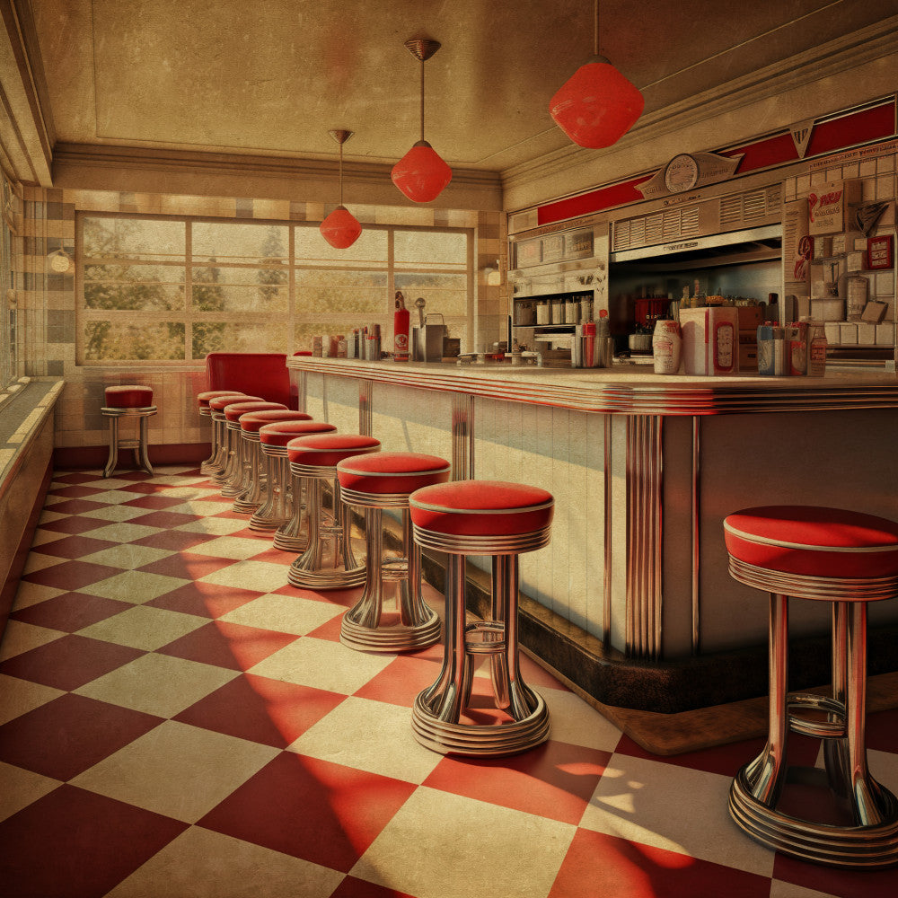 retro diner, vintage, 1950s, red and cream, checkered, geometric, chrome, mid-century modern, classic americana, nostalgic, soda fountain, retro kitchen, diner aesthetic, cream ivory, bright red, art deco, streamline moderne, kitsch, retro home décor, vintage americana, checkered floor, red vinyl, chrome stools, timeless, traditional americana, retro café, diner seating, red diamond pattern