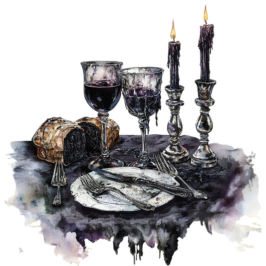gothic, dark academia, black candles, wine glasses, dinner table, elegant, vintage, moody, dramatic, dark purple, deep burgundy, charcoal gray, metallic silver, gothic aesthetic, formal dining, Halloween, spooky, witchy, dark romantic, candlelit, luxury, sophisticated, dark mystical, edgy, contemporary, upscale entertaining, dramatic tablescape, ornate silverware, fine dining