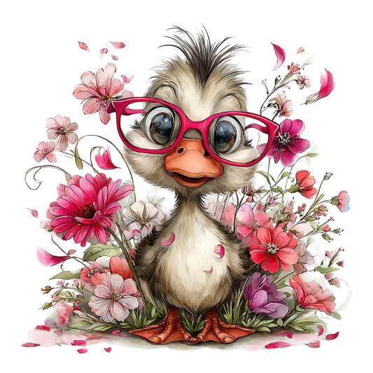 whimsical duck, pink flowers, magenta glasses, floral, animals, birds, spring, summer, cute, playful, colorful, coral pink, hot pink, cream white, charcoal gray, daisy, gerbera, flower petals, nature, botanical, quirky, fun, cheerful, children's, kids, whimsical style, garden theme, flower garden, decorative panel, home decor