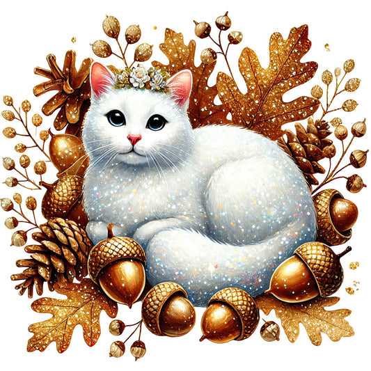 white cat, gold accents, autumn leaves, acorns, botanical, fall foliage, cream white, bronze gold, copper tones, floral crown, nature-inspired, whimsical, elegant, seasonal, autumn theme, harvest, woodland, decorative panel, wall art, home decor, cozy aesthetic, rustic modern, golden brown, sparkle details, animals, cat lover, fall colors, nature motifs, sophisticated design
