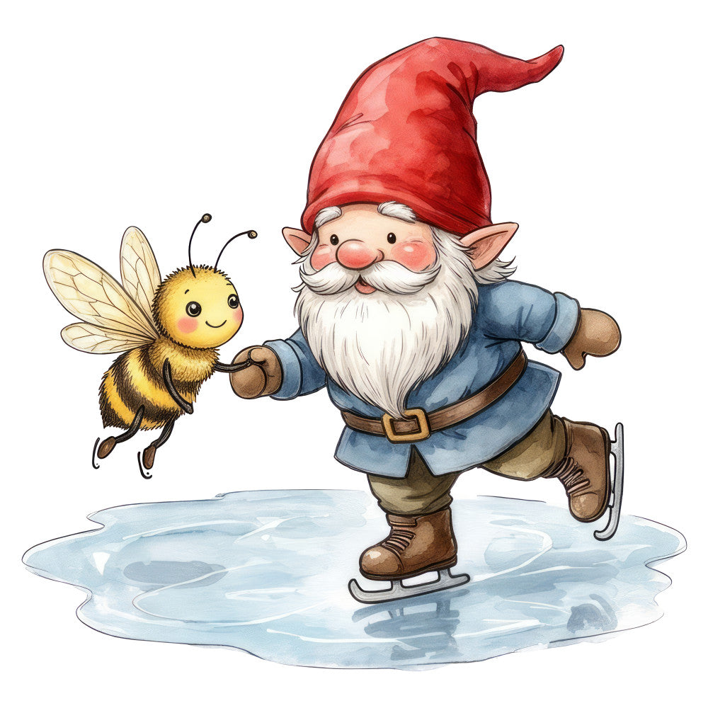gnome, whimsical, winter, christmas, holiday, fairy tale, magical, children, kids, storybook, red hat, blue jacket, bee, insect, nature, ice skating, snow, frozen pond, cream, red, blue, tan, yellow, gold, black, striped, illustrated, fantasy, nursery, playful