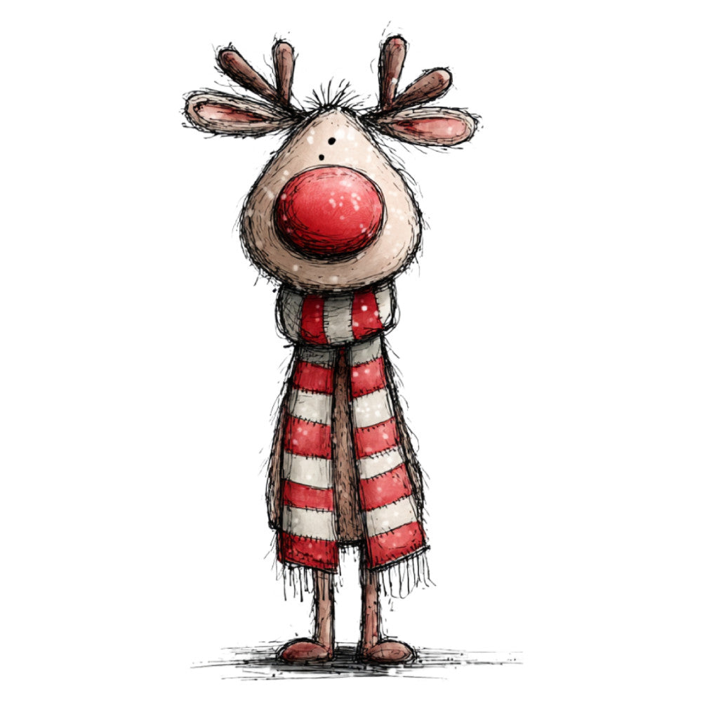 reindeer, rudolph, red nose, christmas, holiday, festive, whimsical, striped scarf, cream, red, brown, tan, cute animals, character, children's, winter, decorative, playful, quirky, hand-drawn, illustrated, seasonal, gift fabric, craft, nostalgic, folk art style, red and white stripes, cheerful, novelty print