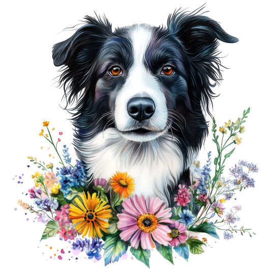 watercolor, border collie, dog portrait, black and white fur, amber eyes, wildflowers, floral arrangement, spring flowers, pink blooms, yellow daisies, purple flowers, orange petals, botanical elements, fabric panel, quilting cotton, pet themed, realistic artwork, soft pastels, nature inspired, craft project