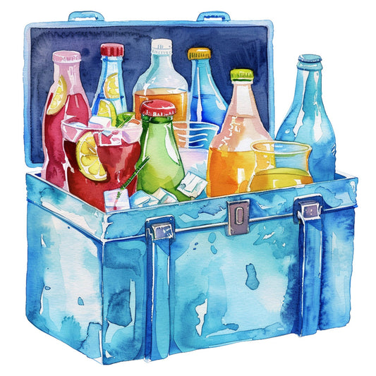 turquoise, sky blue, navy blue, coral pink, golden yellow, lime green, watercolor, vintage beverages, retro drinks, suitcase, travel, summer, picnic, whimsical, illustration, bottles, glasses, refreshment, leisure, nostalgic, cottage core, playful, hand-painted style, beverage bottles, lemon slices, mint garnish, packed lunch, holiday travel, adventure themed
