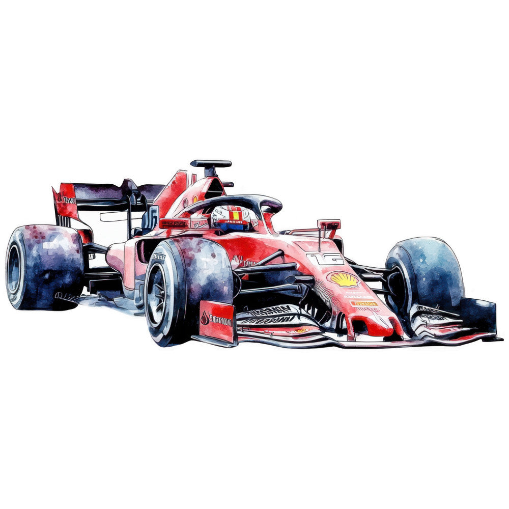 watercolor, formula one, racing car, red, white, black, purple, blue, automotive, sports car, fabric panel, quilting cotton, modern art, speed, motorsport, vehicle illustration, contemporary design, racing theme, artistic rendering, cotton fabric