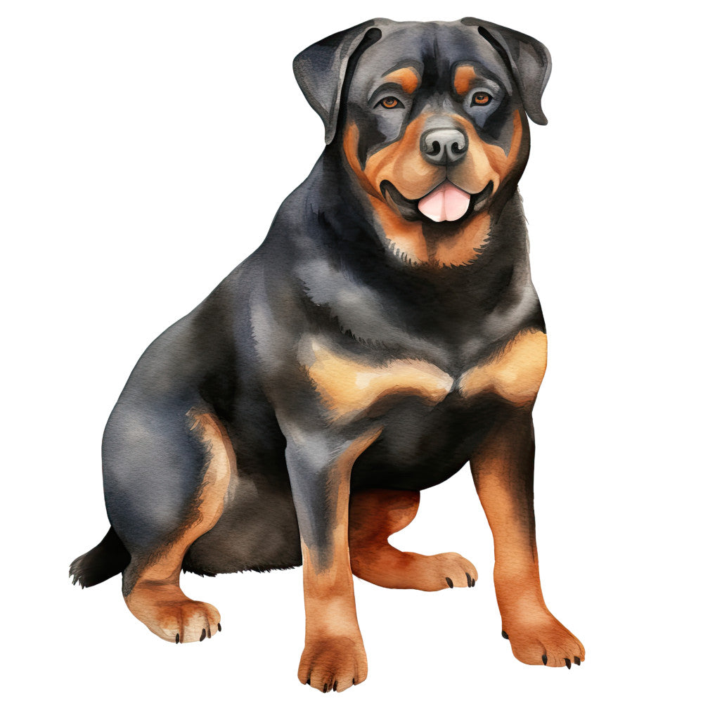 Watercolor Rottweiler Fabric Panel 6 featuring a detailed, vibrant illustration of a happy sitting Rottweiler dog on premium quilting cotton.