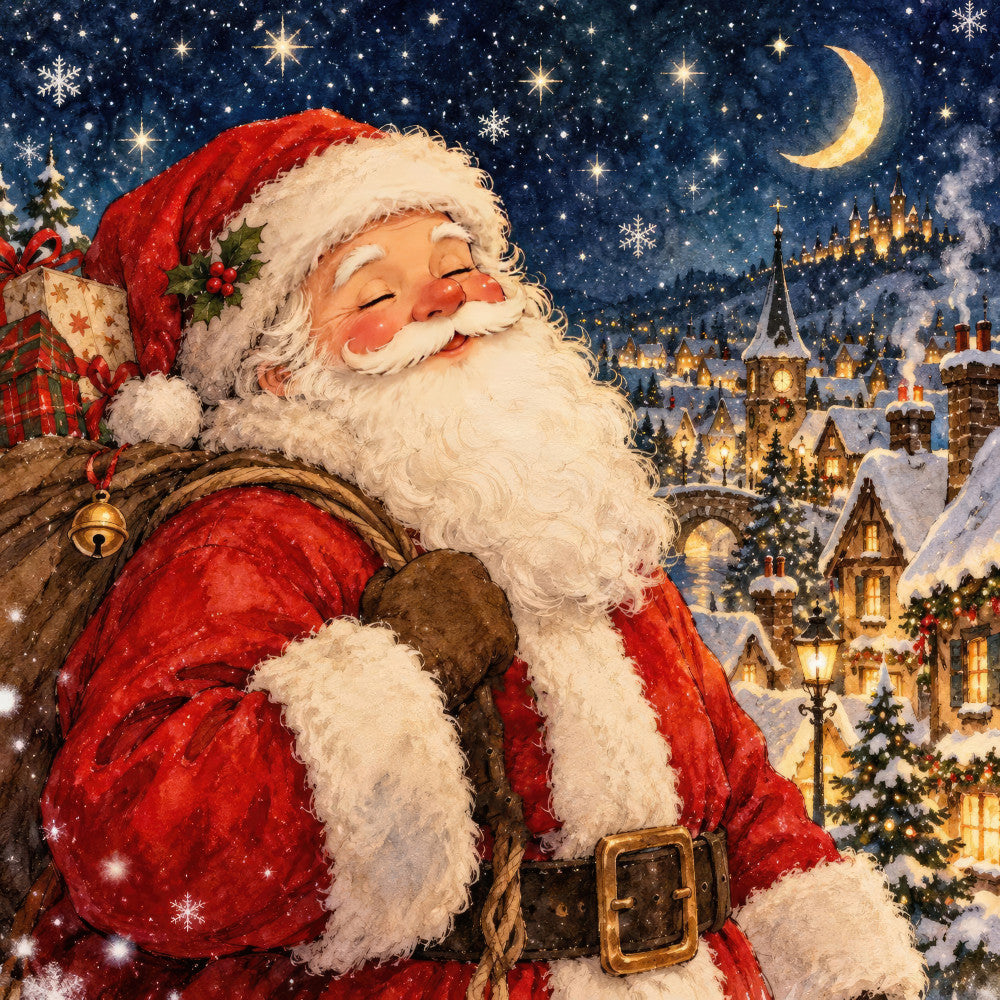 santa claus, christmas, holiday, winter, celestial, night sky, moon, stars, snow, red, cream, gold, deep blue, navy blue, whimsical, jolly, traditional, festive, vintage, magical, castle, village, pine trees, evergreen, gold bells, decorative, nostalgic, storybook, children's, gift-giving